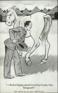 Military Comic Exhibit Card - Soldier Trying to Shake Horse's Paw