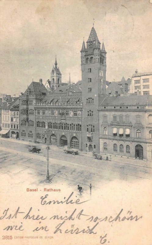 BASEL SWITZERLAND RATHAUS TOWN HALL AMBULANT TRAIN CANCEL POSTCARD 1903