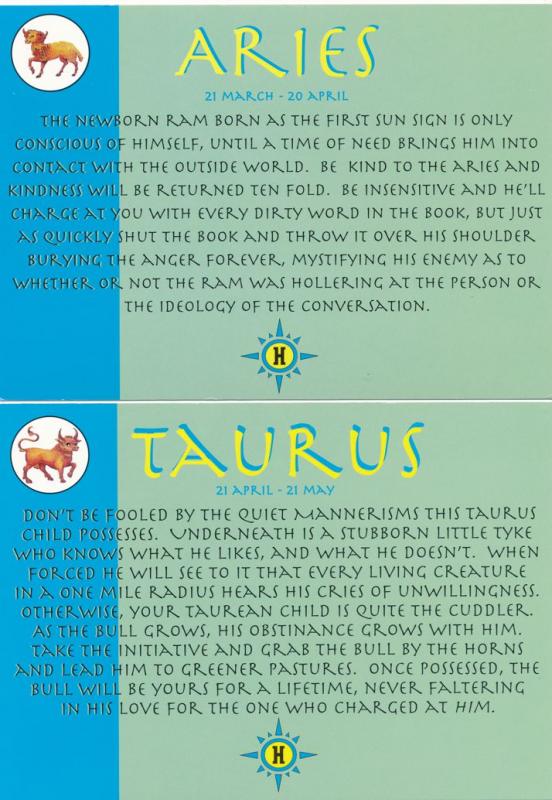 (2 cards) Horoscope Zodiac Signs - Aries Ram - Taurus Bull