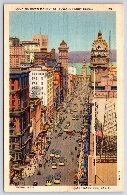 Looking Down Market St. Toward Ferry Building San Francisco California Postcard