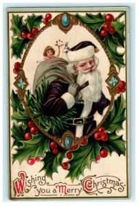 Christmas Old World Santa Giraffe Mauve Purple Robe Embossed c1910 Postcard 