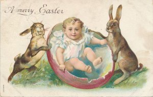 Easter Greetings - Rabbits and Baby in Giant Egg - DB