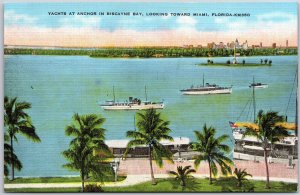 Yacht At Anchor In Biscayne Bay Looking Toward Miami Florida FL Boats Postcard