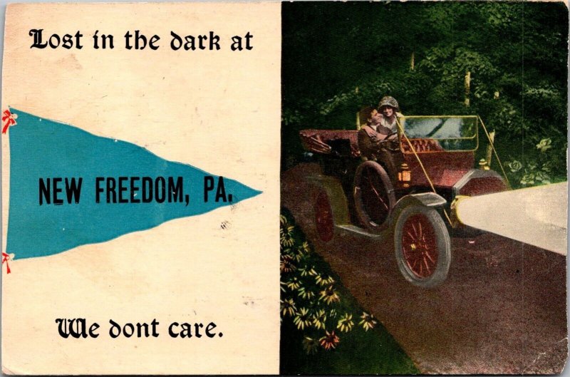 Couple in Car at Night, Lost In the Dark At New Freedom PA c1913 Postcard O55