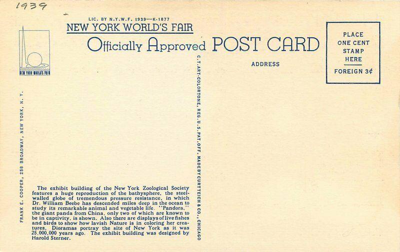 Cooper Teich New York Zoological Exhibit Worlds Fair 1939 Postcard linen 3786