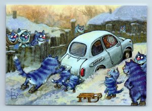 CATS push Old Car out of snow Russian Winter Comic Peasant New Unposted Postcard