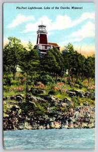 Missouri~Lake Of The Ozarks~Pla-Port Inland Lighthouse~Cliff~Sunset~1958 PC