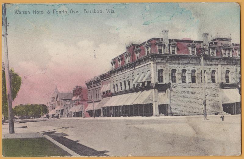 Baraboo, WIS., Warren Hotel & Fourth Ave., - 1914 (Hand colored)