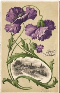 Country Meadow Scene surounded by Purple Poppies Vintage Postcard