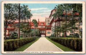 St. Augustine Florida 1920s Postcard Carriage Entrance To Ponce De Leon Hotel