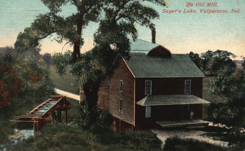 Vintage Postcard 1923 Old Mill Tree Sager's Lake Landmark Valparaiso Indiana IN