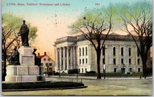 1909 Soldiers Monument & Library Lynn Massachusetts MA Statue Building Postcard