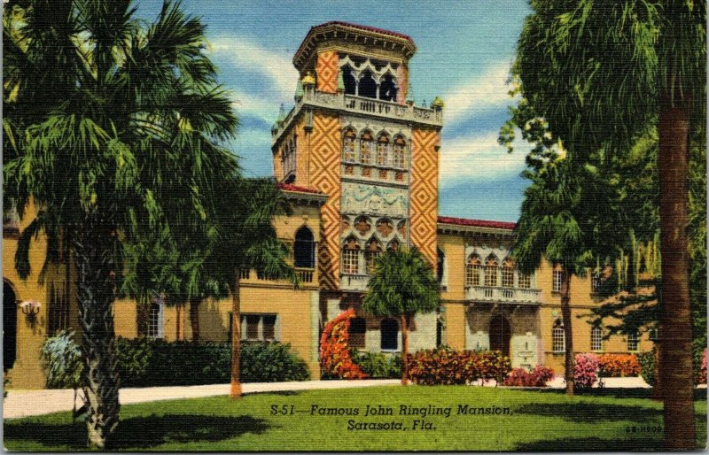 Vtg 1940's Famous John Ringling Mansion Estate Circus Sarasota FL Postcard
