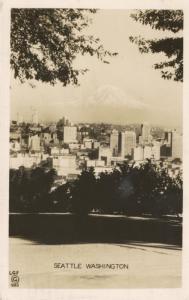 Seattle Washington WA ~ Cityscape and MT. Rainier ~ c1941 RPPC Postcard