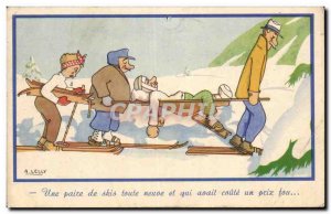 Old Postcard Fantasy Humor A brand new pair of skis and who costs a crazy pri...