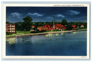 c1940s Craford Place at Night Portsmouth Virginia VA Unposted Postcard 