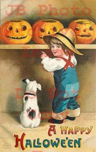 258525-Halloween, IAP No 1237-2, Ellen Clapsaddle, Boy & Dog Looking at JOLs