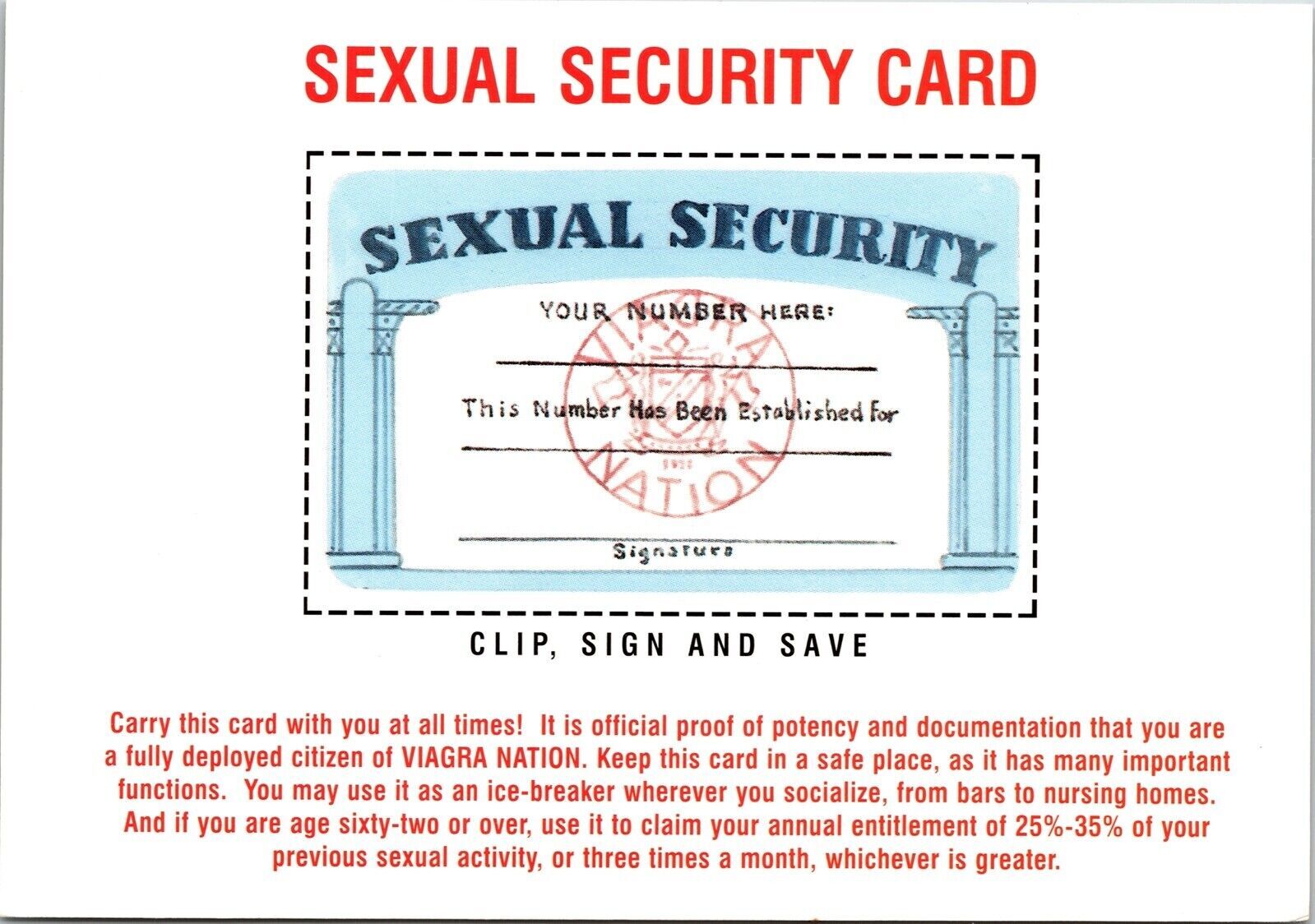 Sexual Security Card Funny Humor Your Number Signature Chrome Postcard Unp Other Unsorted 8035