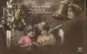 Christmas Little Girl Angels Live Action Tinted Real Photo c1910 Postcard