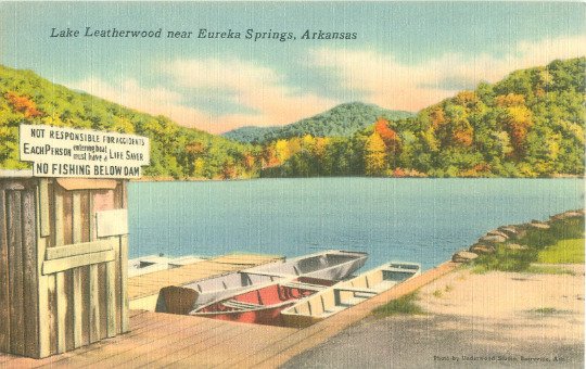 Eureka Springs, Arkansas Lake Leatherwood, Boats, No Fishing Sign Linen Postcard