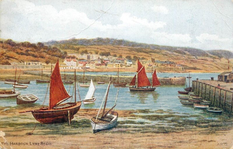 UK England sail & navigation themed postcard Lyme Regis harbor sailing vessel