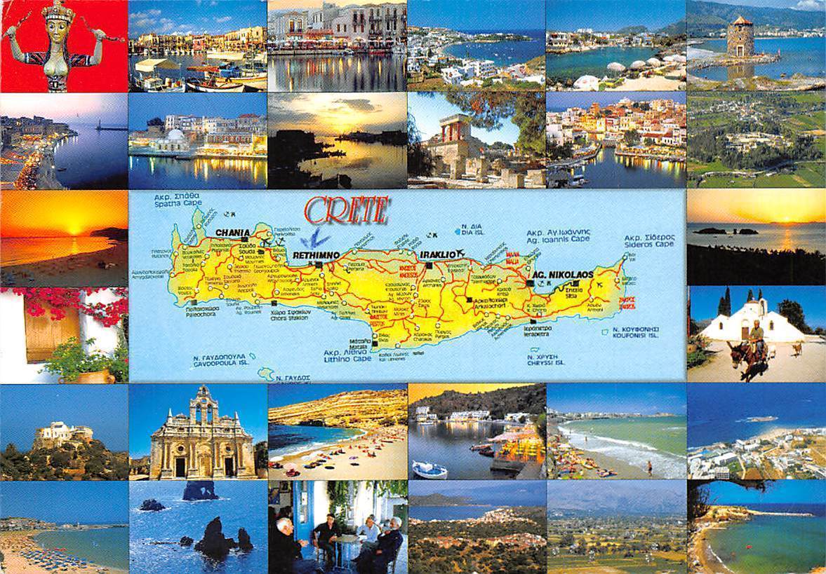 Grece Crete Map Multiviews Harbour Boats Sunset Beach Church Panorama Hippostcard