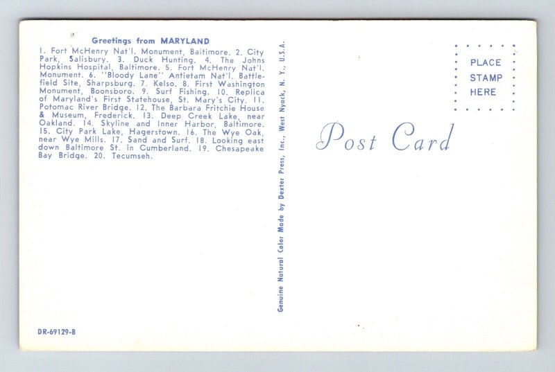 Greeting Maryland State Map Multi View Scenic Landmarks Chrome Postcard 
