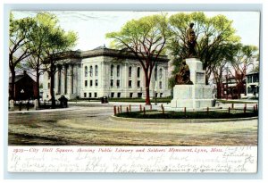 1906 City Hall Square Public Library And Soldiers Monument Lynn MA Postcard