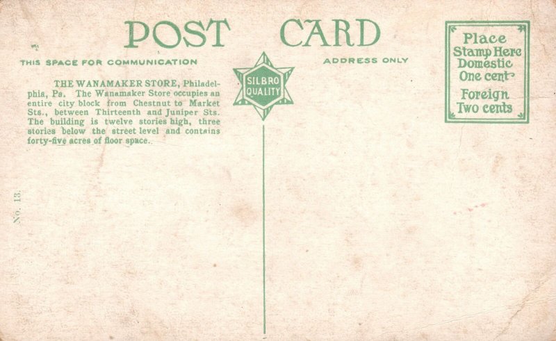 Vintage Postcard 1920's The Wannamaker Building Philadelphia Pennsylvania PA 