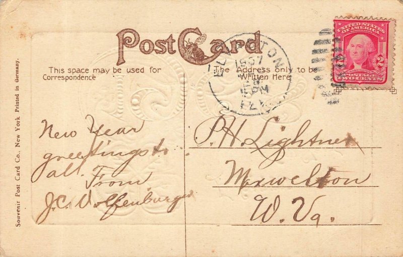 Vintage 1908 Embossed New Year Postcard with Clover Design