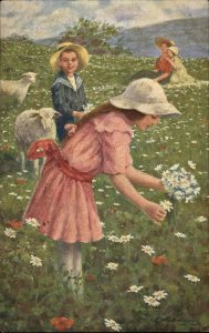 Children and Sheep Field of Daisies Impressionism Fine Art 3 of 4 c1910 PC