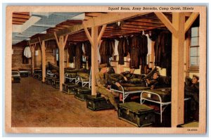 1943 Squad Room Army Bed Chest Barracks Camp Grant Illinois IL Vintage Postcard