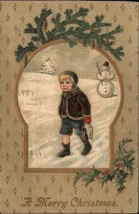 Christmas Little Boy with Ice Skates Snowman Embossed c1910 Vintage Postcard