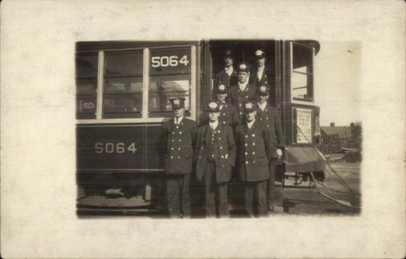 Chelsea/Boston MA Trolley Car & Conductors to Convict Ship c1910 RPPC #1