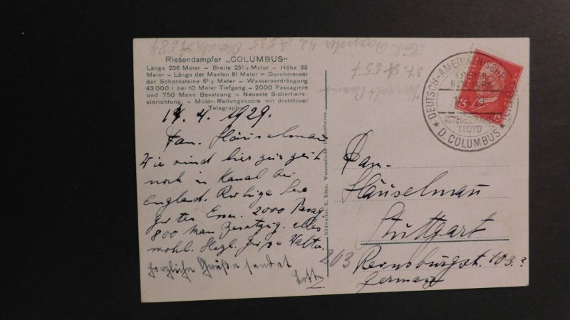 1938 Ship Postcard Cover From New York NY to Middletown OH Abfahrt des Riesendam