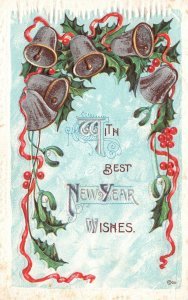 Vintage Postcard 1912 With Best New Year Wishes Yuletide Bells Holly Greetings