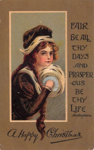 Christmas Greetings Girl with Fur Muff Shakespeare Quote Postcard AA72143