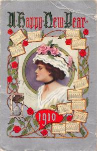 HAPPY NEW YEAR SILVER POSTCARD 1910~WOMAN SURROUNDED BY MONTHLY CALENDARS~DAMAGE