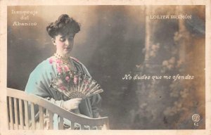 RPPC LOLITA BREMON BEAUTIFUL WOMAN FAN ACTRESS REAL PHOTO POSTCARD (c.1910)