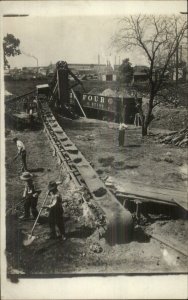 Labor Machinery Conveyor Belt Men w/ Shovels Street Work Real Photo Postcard