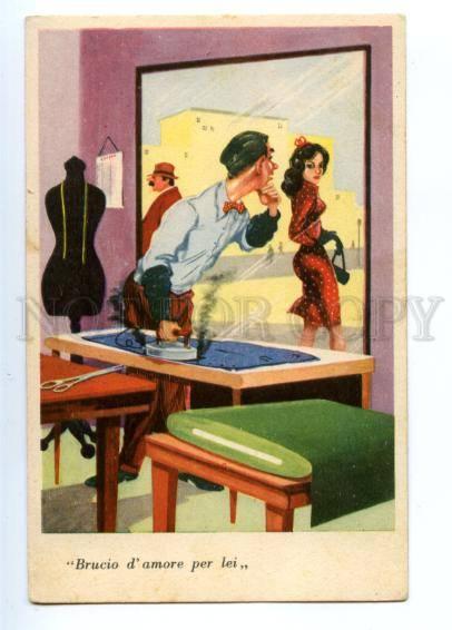 3149495 COMIC PIN-UP Lady & Tailor w/ Iron vintage Cecami PC