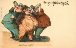 Alcohol related beer fat men caricature Gruss aus Munich Ottmar Zieher Litho 