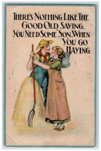 1913 Sweet Couple Farming Romance Pitchfork Ely Iowa IA Posted Antique Postcard