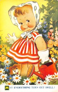 Bamforth Children Comic Humor Girl in Flower Garden With Sprinkler Dog postcard