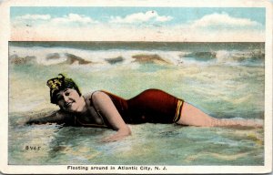 Postcard NJ Atlantic City Floating Around Woman in Bathing Suit 1923 H7