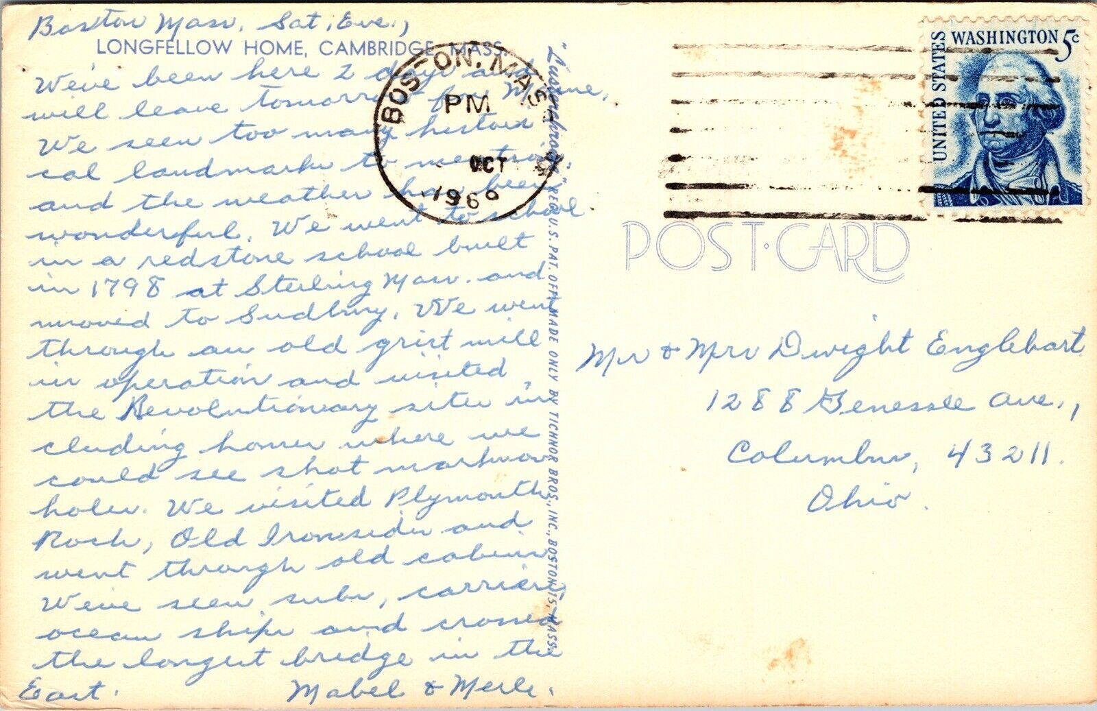 Boston Mass 1966 Wob Note Pm Longfellow Home Cambridge Mass Postcard