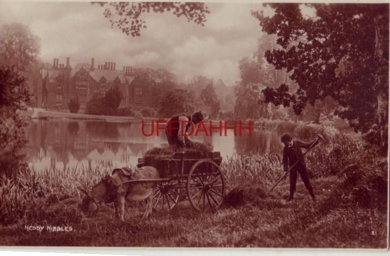 NEDDY NIBBLES donkey in hay field with wagon and two men ENGLAND Tunbridge Wells
