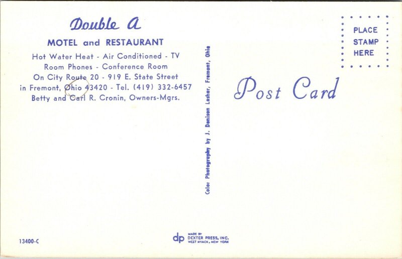 Postcard Double A Motel and Restaurant in Fremont, Ohio~137834