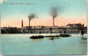 VINTAGE POSTCARD RAILROAD BRIDGE & DAM AT ROCKFORD ILLINOIS 1913 [creasing]