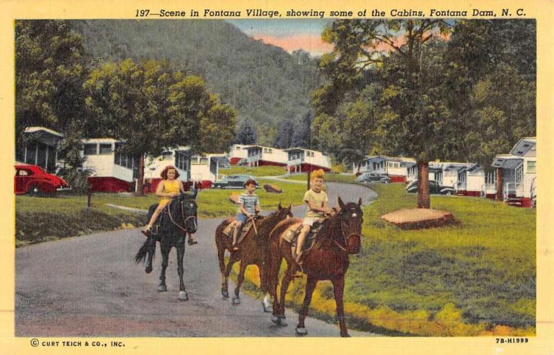 Fontana Dam North Carolina Village Cabins Horse Riding Antique Postcard K47915